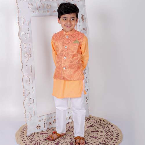 Image of Superminis Boy's Cottton Kurta Cotton Brocade Printed With Golden Thread Work Nehru Jacket and Elastic Closure Pyjama Set