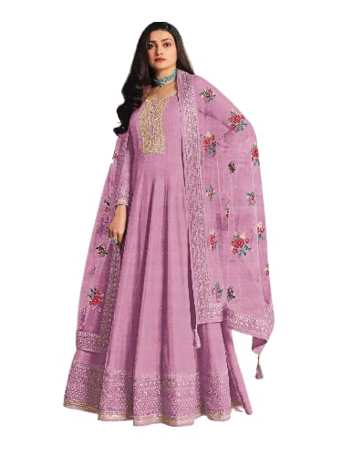Hiromichi Womens Pink Heavy Dola Silk Embroidered With Cording Work Wedding Festival Anarkali Semi Stitched Suit