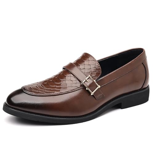 Men's Textured Chunky Heel Retro Loafers Classic Pointed Toe Buckle Decoration Non-Slip Slip-On Business Leather Shoes for Wedding, Work, Office