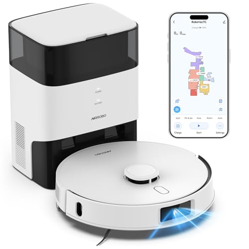 AIRROBO T30+ Robot Vacuum and Mop, 75-Day Self-Emptying, 6000PA Suction, Active Intelligent Obstacle Avoidance, Tangle-Free Brush, Carpet Avoidance, LiDAR Navigation, Smart Mapping, White