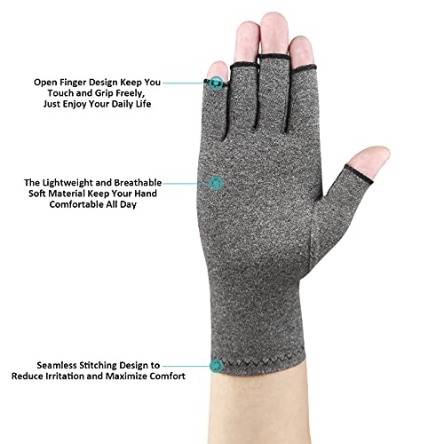 Cedcoe 2 Pairs Arthritis Gloves Fingerless Compression Gloves for Relieve Hand Pain, Rheumatoid, Osteoarthritis, Tendonitis, Carpal Tunnel for Women and Men to Daily Work (Gray, Medium)