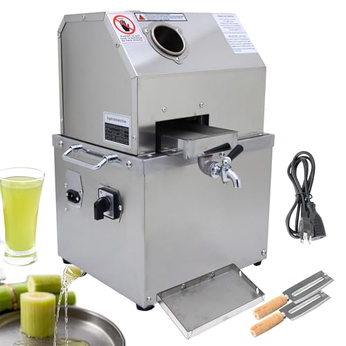 THUXEON Electric Sugar Cane Juicer, Stainless Steel Sugarcane Juice Extractor, 110V Sugar Cane Crusher, Stainless Steel Rollers and Filter Tray, 660lb/h Capacity, Cleaning Port