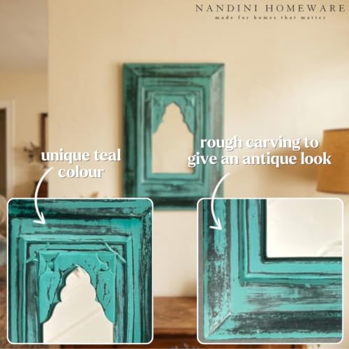 Image of Handcrafted Traditional MDF Wooden Mirror Jharokha Wall Art | Heritage Boho Style Decorative Wall Hanging (Teal Mirror)