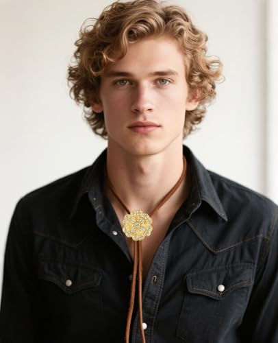 Image of PEARLY JUN Bolo Tie for Men Women Rhinestone Bling Western Cowboy Brown Leather Country Style String Wear Shirt Vest
