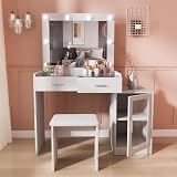 Msutree - Tocador con espejo iluminado LED y taburete, mesa de maquillaje con 2 cajones y 1 compartimento de almacenamiento cerrado, tocador para dormitorio, color blanco