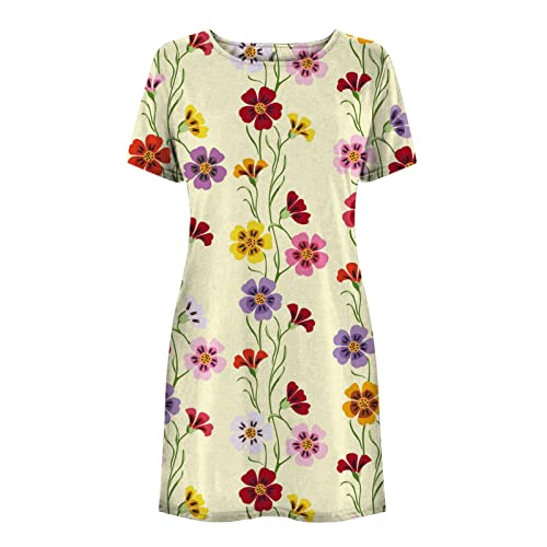 Minivestido casual de verano para mujer, de manga corta, cuello redondo, estampado de flores, vestido de playa con cuello redondo, rosa, S