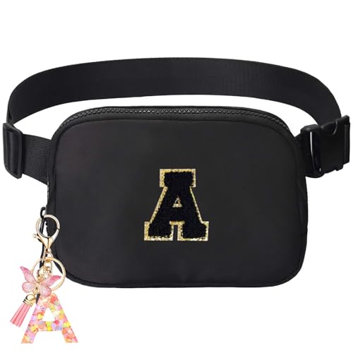Image of Birthday Gifts for Teenager Girls Kids - Personalized Belt Bag for Girls Women Fashion Waist Packs Trendy Travel Fanny Pack Crossbody Bags with with Initial Letter Patch Cute Stuff Black A