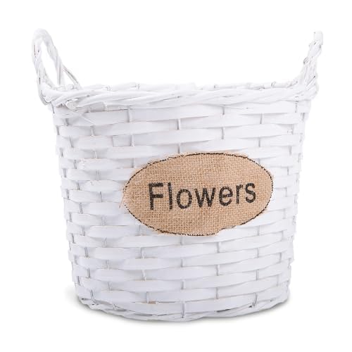 Wickerfield Wicker Basket with Handles Indoor Planter With Liner Personalised Gift Decorative Storage Basket Wedding Decoration (White Wicker with Flower Sign) (Medium)