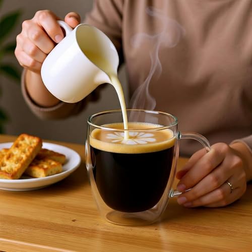 Image of Glass Coffee Cups Set of 2-250 ml Double-Walled Glass Coffee Mugs with Handle, Clear Insulated Borosilicate Glass Mug, Suitable for Cappuccino, Tea, Latte, and Hot Beverages