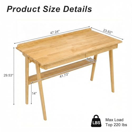 KEIKI Solid Wood Writing Desk with Drawers, 47" Computer Desk with Shelf for Home Office Work, Study, Natural by KEIKI - Used condition - Image 2