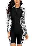 Halcurt Women's Boyleg One Piece Rash Guard with Built in Bra Zip Front UPF50+ Long Sleeve Full Body Surfing Swimsuit Black Paisley XL