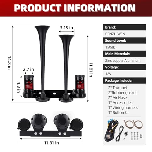 Image of Dual 2-Trumpet Metal Air Horn for truck Kit with 2 air Compressors,12V 150dB Ultra Loud impact train car horn moto horn is suitable for pickup /SUV /Boat (Two-tube integrated with button)
