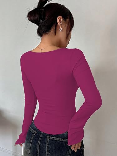 Image of Sugathari Women's Black Solid Long Sleeve Wrap-Style Square Split Crew Neck Bodycon Women T-Shirt Spring and Summer Top, Minimalist and Fashionable for Everyday Casual Wear Tops (T-Shirt 181)