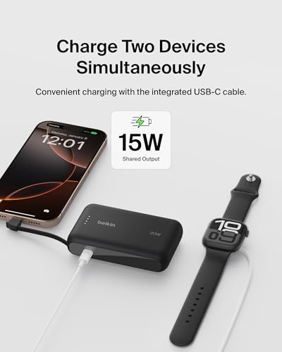 Image of Belkin Portable Charger Power Bank USB C, 10000 mAh w /Integrated Cable, 20W Fast Charge USB-C Power Delivery, iPhone Charger, Apple iPhone 17, Air, Pro, Pro Max, iPad, Samsung Galaxy S26 - Black