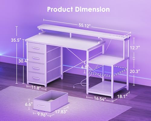 Image of ODK 55 Inch Gaming Computer Desk with Power Outlets and 4 Drawers, Large Home Office Desk with Monitor Stand, Printer Shelf and Storage Shelves for Gaming or Bedroom Setup, White