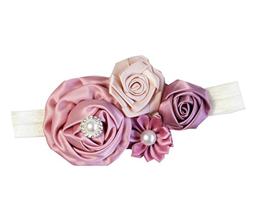 Kirei Sui Baby Girls Crystal Pearl Rosettes Headband (Dusty Pink Beige)