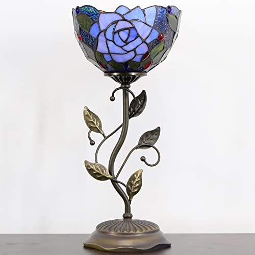 Rhlamps Small Tiffany Table Lamp 8" Stained Glass Rose Style Shade 19" Tall Antique Vintage Metal Leaf Base Mini Bedside Accent Desk Torchiere Uplight For Living Room Bedroom #TOP5
