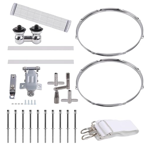 Lovermusic 37 Pcs 14 Inch 8 Hole Snare Drum Parts Kit with Upper, Lower Hoop, Metal Lugs, Steel Wire, Strainer, Straps, Keys, Screws & Accessories - Silver
