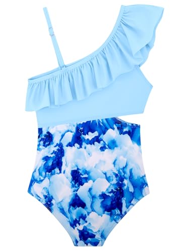 Image of Alakuoti Girls One Piece Swimsuits Cutout Ruffle Bathing Suit Quick Dry Beach Swimwear with Adjustable Strap 5-14 Years