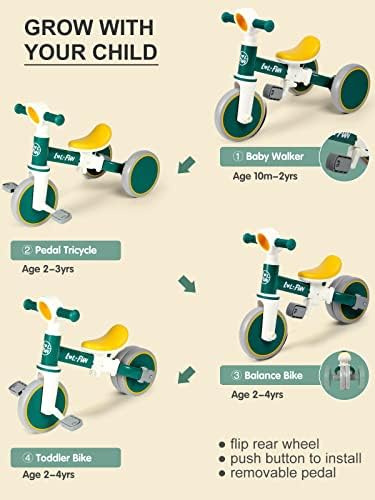 LOL-FUN Toddler Balance Bike for 1 2 Years Old, 4 in 1 Baby Bicycle for 1 to 4 Years Old Boys Girls Gift Present, 3 Wheel Tricycle with Removable Pedal
