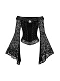 BEAUDRM Women's 70s Renaissance Gothic Off Shoulder Tops Y2k Bell Flared Sleeve Lace Mesh Crop Top Country Concert Outfits Black X-Large