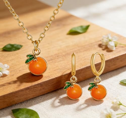 ONLYJUMP Fruit Earrings and Necklace Set for Women Funny Simulated 3D Lemon Banana Orange Peach Hoop Earrings Tropical Fruit Pendant Necklace Jewelry Set Statement Summer Beach Jewelry (orange) by ONLYJUMP - Used condition - Image 7