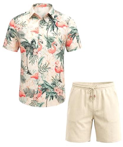 JEMLDL Men's Hawaiian 2 Piece Sets Short Sleeve Shirts Matching Linen Shorts Outfits Summer Beach Casual Clothes Beige Flamingo Print L