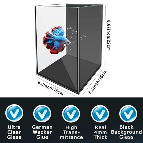 Image of Glass Betta Aquarium Starter Kits 1.5 Gallon Small Fish Tank, Betta Fish Tank with LED Light, Power Filter, Black. 4mm Glass