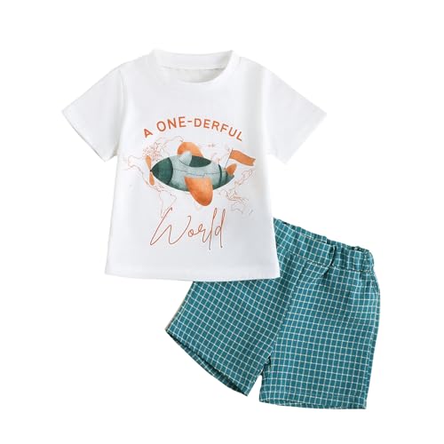 Canis Baby Boys First Birthday Outfit Airplane Print A One-derful World Short Sleeve T-Shirt and Plaid Shorts Set (Blue, 12-18 Months)