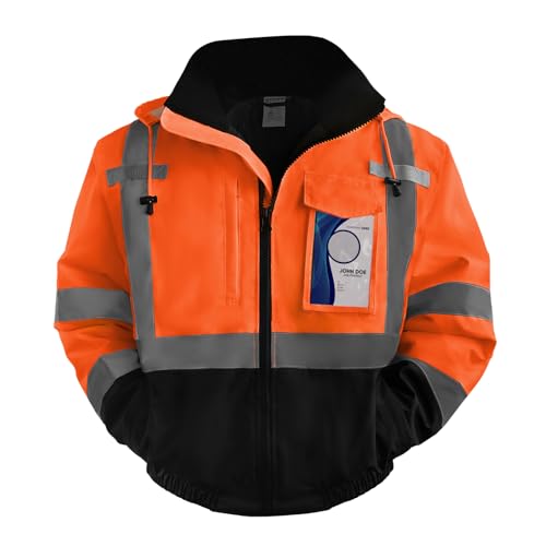 TCCFCCT Safety Jackets for Men, Class 3 High Visibility Reflective Jacket, Hi Vis Jackets for Men with Black Bottom, Waterproof Winter Bomber Work Jackets for Men Construction, Meets Ansi, J-Orange M