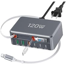 2026 Updated USB-C Fast Charging Station, 120W GaN 8-Port Retractable Charger Adapter, Includes 2.3ft Lightning+Type-C Dual Cable, Wall Charger Block Plug Cube for iPhone 17/16/15,iPad,Pixel, Galaxy