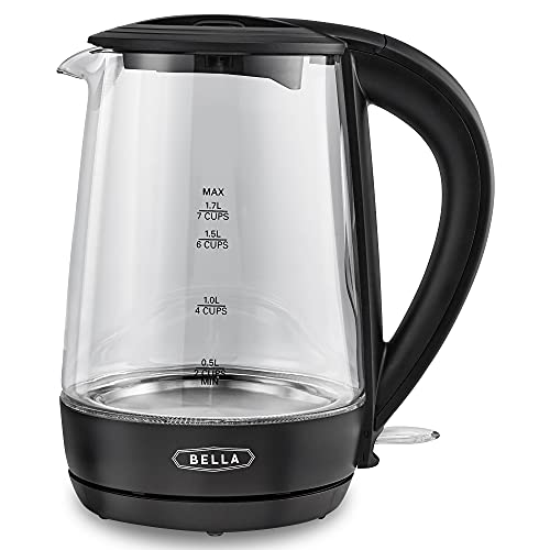 Bella 1.7 Liter Glass Electric Kettle, Quickly Boil 7 Cups Of Water In 6-7 Minutes, Soft Blue Led Lights Illuminate While Boiling, Cordless Portable Heater, Carefree Auto Shut-Off, Black #TOP3