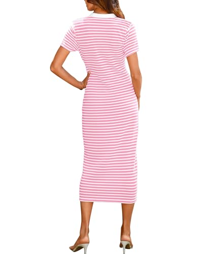 BTFBM Women Casual Summer Dresses Short Sleeve Striped Midi Dresses Decorative Button Ribbed Knit Party Dress(Pink,Medium) — view 2