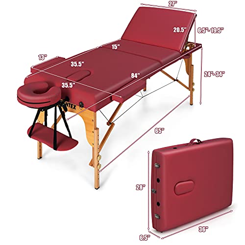Giantex 84inch Folding Massage Table Lash Bed, Portable 3 Sections Spa Salon Tattoo Bed with Face Cradle Armrests Wooden Legs, Professional Massage Bed Height Adjustable with Carry Case (Red)