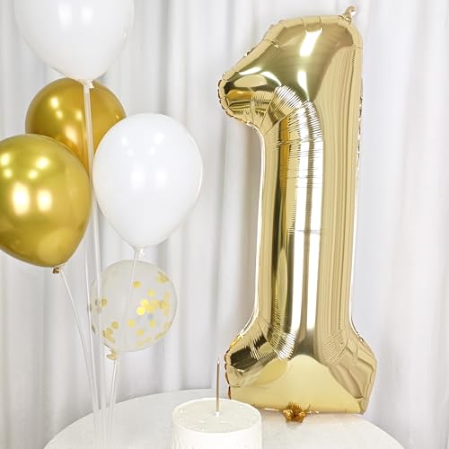 Image of 40 Inch Light Gold 1 Number Balloons Large Champagne Gold Number | White Gold Giant 1 Foil Mylar Helium Digital Balloon for 10th or 10st Anniversary Party Decorations Supplies