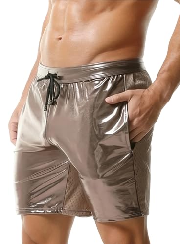 SEAUR - Men's Holographic Shiny Low Rise Mesh Shorts - Brown Sequins Breathable Party Shorts, Size L - Best Deal on Amazon