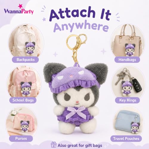 Image of Wanna Party Cute Kawaii Plush Keychain, Soft Black & White Character Bag Charm with Purple Outfit