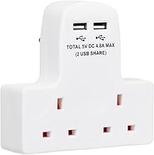 Invero 2 Way Gang Cable-Free Multi-Plug 13A Wall Socket Adaptor with 2x USB Charging Ports 4.8A - White