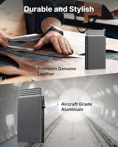 Image of typecase Mens Wallet Card Holder: Pop Up Aluminum Case, Premium Genuine Leather, Smart, RFID Blocking, Slim, Minimalist, Front Pocket - 9-14 Card Capacity | ID Window | Cash Slot - Deep Grey