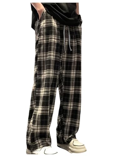 OYOANGLE Men's Plaid Straight Leg Pants Elastic Drawstring Waist Casual Lounge Trousers with Pocket