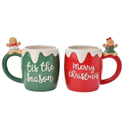 The Seasonal Gift Co - Set of 2 Red & Green Tis The Season & Merry Christmas Gingerbread People Mugs - Home Decor Gifting & Homeware Present for Tea, Coffee & Holiday Festive Drinking.