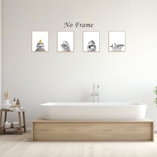 Image of Boat Wades Funny Bathroom Shark Wall Art Prints Set of 4, Coastal Beach Bathroom Decor, Ocean Shark Animal Posters Pictures Wall Decor for Bath Room Washroom Restroom Toilet, 8x10 Unframed