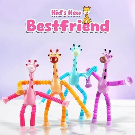 DARKFISH Pack of 2 Telescopic Suction Cup Kids Travel for Flight Pull String for Babies for Boy Girls Robot Light Tube Toddlers Gift Unique for Kids (Giraffe) Multi Colour - Image 5 thumbnail