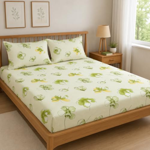 Image of Premium Cotton Fitted Bedsheet King Size 78 x 72 x 8 Inches with 2 Pillow Covers | 220 TC | All-Around Elastic Deep Pocket Bed Cover | Ivory Olive Green Floral