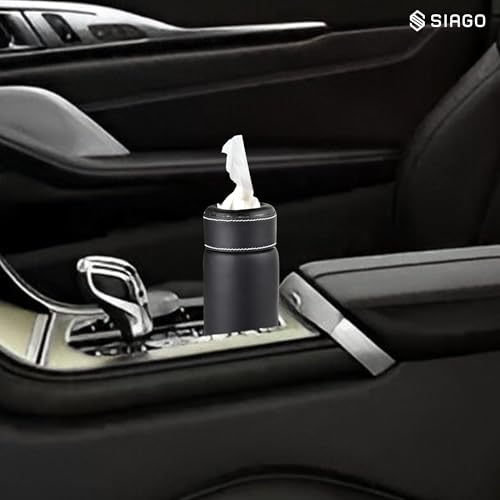 Image of SIAGO SIA135 PU Leather Car Tissue Paper Holder - Cylinder Design, Fits Cup Holder, Ideal for Car, Van, Home & Office (Black)