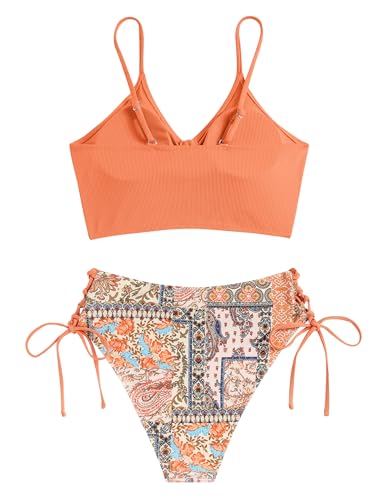 ZAFUL Women V Neck Bikini Set Ruched Tie Front High Waisted Floral Print Ribbed 2 Piece Bathing Suit Swimsuits2