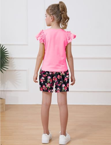 Image of mksodop Girls outfits 2-Piece ruffled short sleeve butterfly floral print high waist floral shorts girls summer clothes