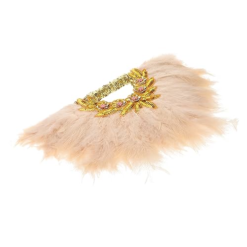 Ventilateur de mariage en plume blanche, dentelle dorée et broderie rétro