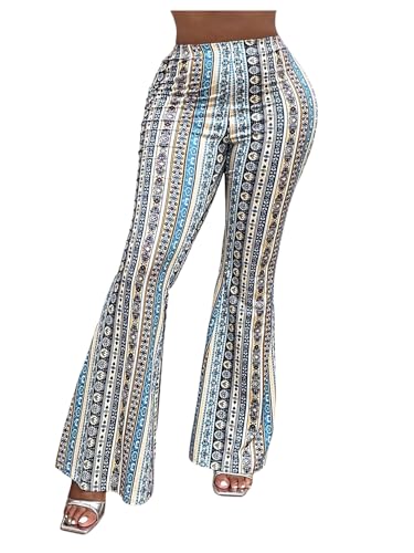 SOLY HUX Women's Boho Print Flare Pants Elastic High Waisted Bell Bottom Pants Long Trousers