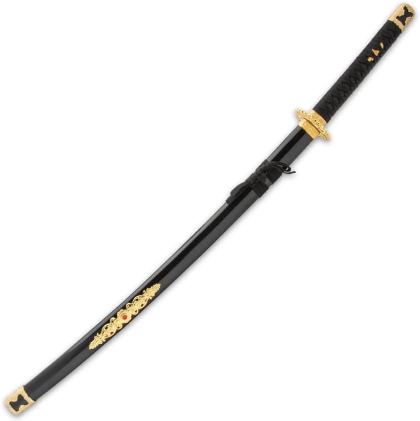 Katana de loto negro con vaina, hoja de exhibición de acero de alto carbono, vaina de madera ornamentada, piel de rayos sintéticos y mango envuelto